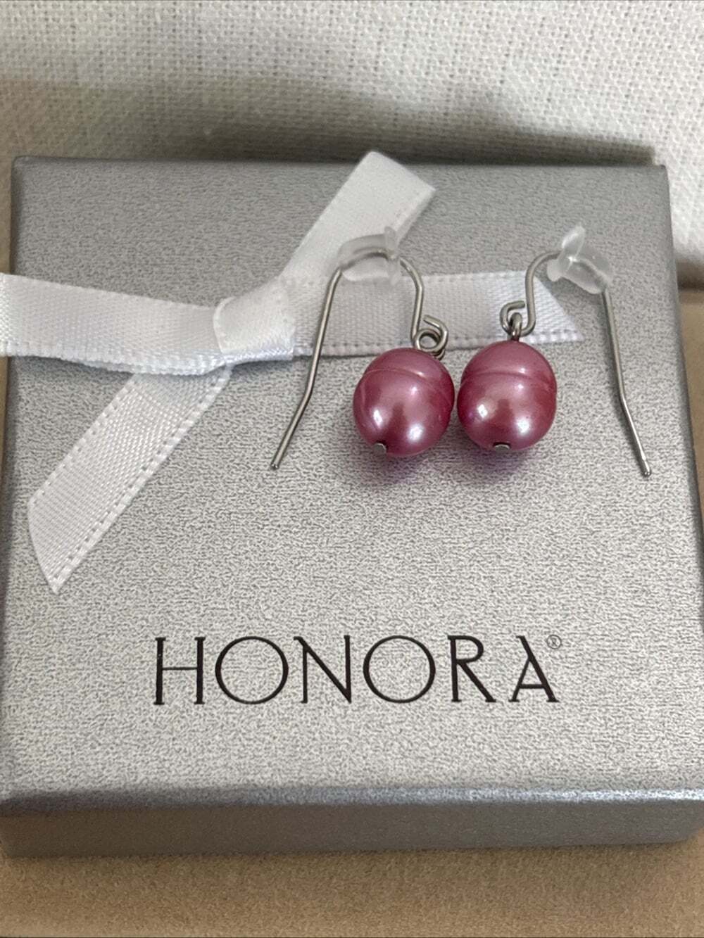 Honora 925 Sterling Silver 9.5mm Pink Ringed Pearl Hook Dangle Earrings